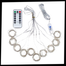 Cortina de luzes decorativas com controle remoto, luminária de ambiente com fios brilhantes e controle de iluminação.