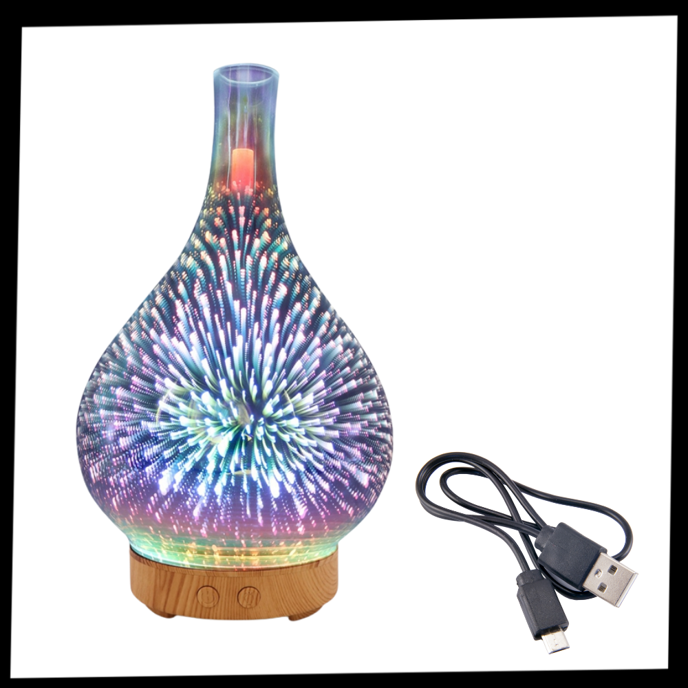 Difusor de óleos essenciais em forma de vaso com padrão de fogos de artifício, perfeito para ambientes com fragrância aromática.