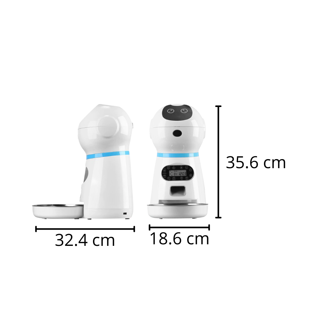 Distributeur automático de comida Vedaxin para animais de estimação, com recipiente para alimentos e água, em imagem de dimensões.