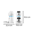 Distributeur automático de comida Vedaxin para animais de estimação, com recipiente para alimentos e água, em imagem de dimensões.