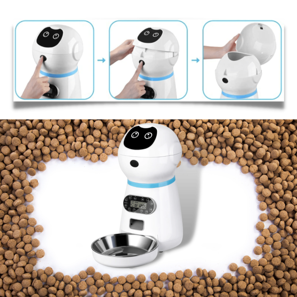 Distributeur automático de comida para animais de estimação Vedaxin, com tigela e espaço para água e ração.