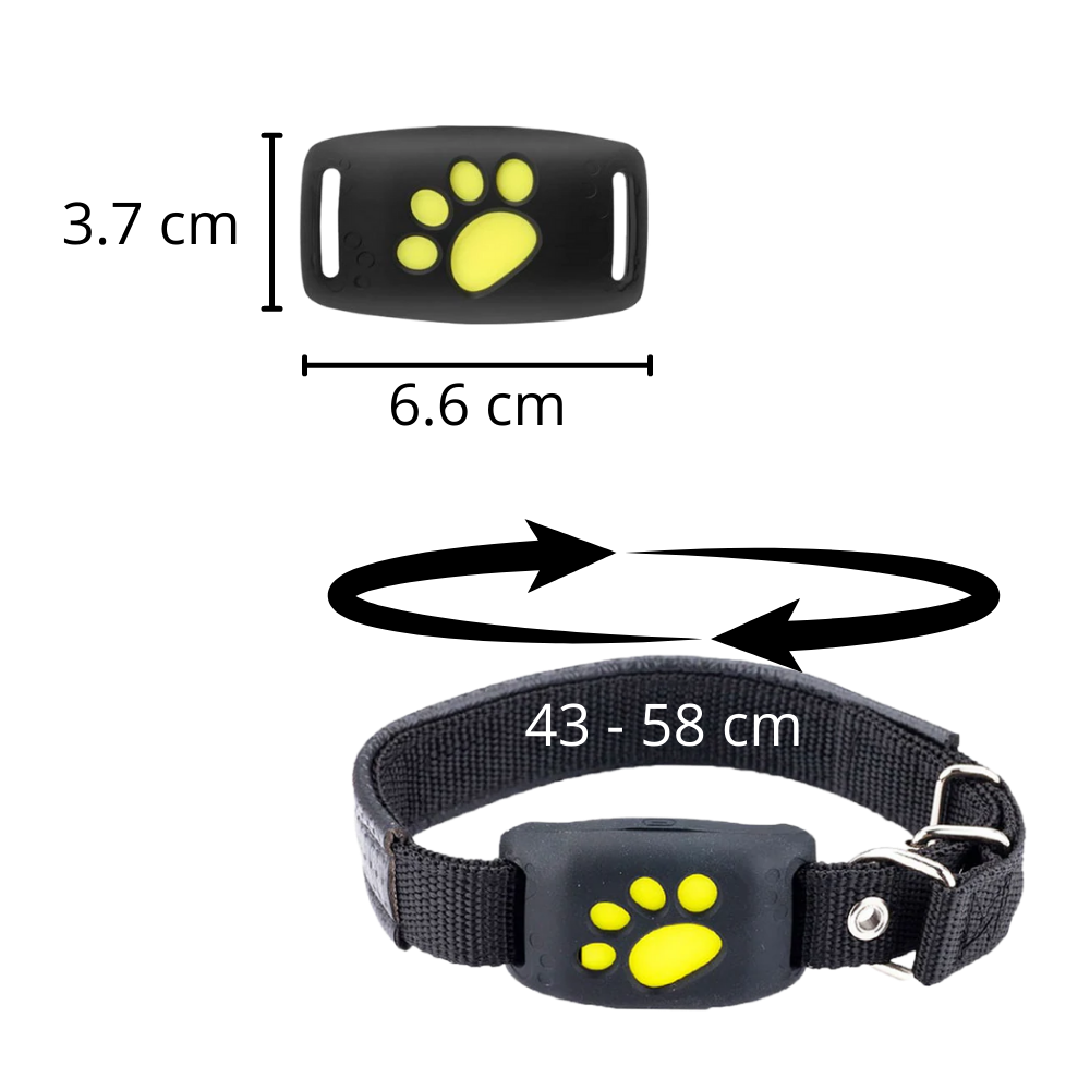Coleira de rastreamento GPS para animais de estimação da Aetomce, mostrada com dimensões e design leve para segurança animal.