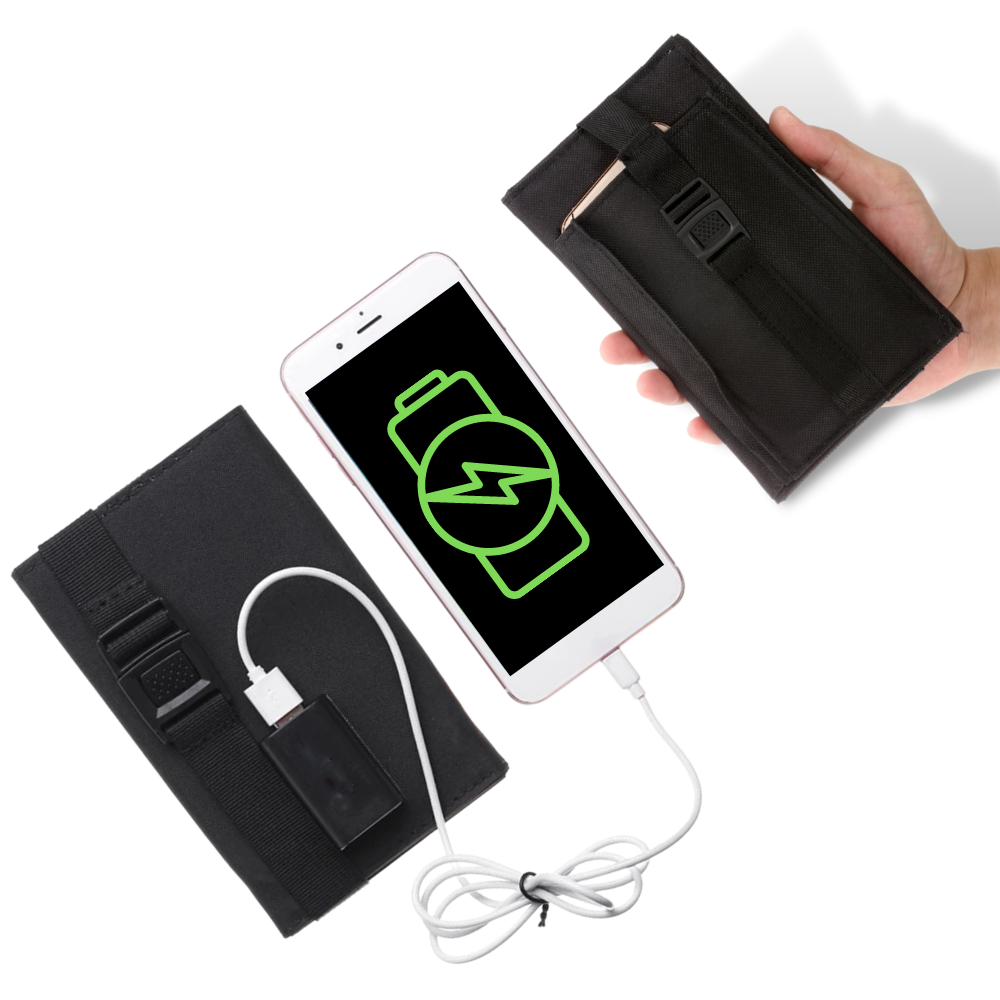 Carregador portátil com painel solar e porta USB da Mdhand, mostrando painel solar e porta USB para recarregar dispositivos.