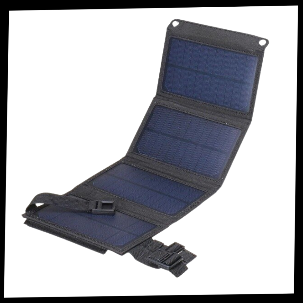 Carregador portátil com painel solar da Mdhand, com porta USB para recarga de dispositivos em movimento.