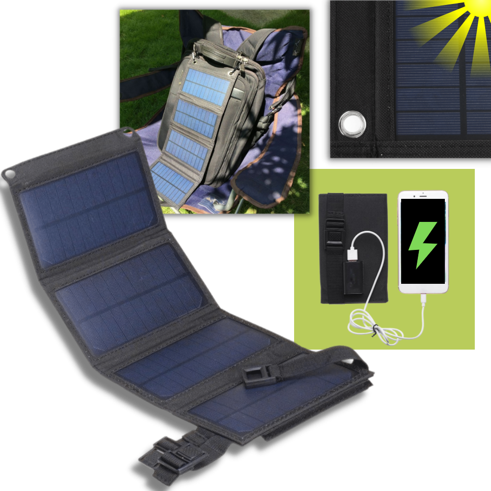 Carregador portátil com painel solar e porta USB da Mdhand, ideal para carregar dispositivos ao ar livre.