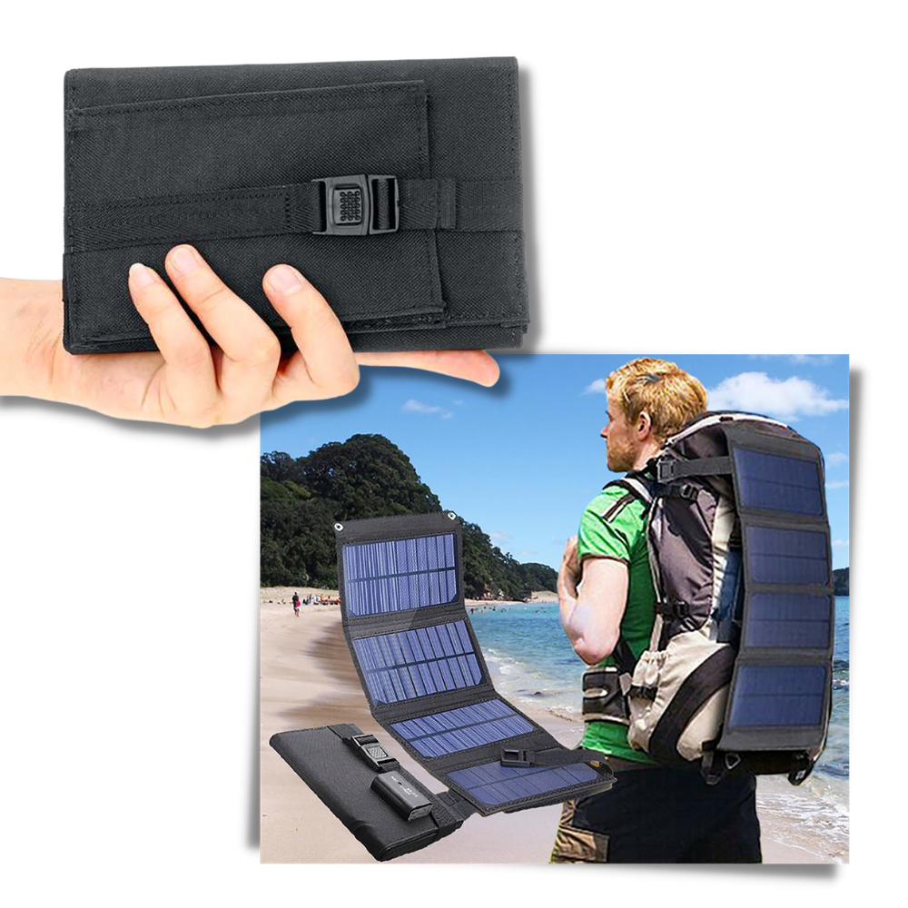 Carregador portátil com painel solar da Mdhand, com porta USB para recarregar dispositivos em movimento.