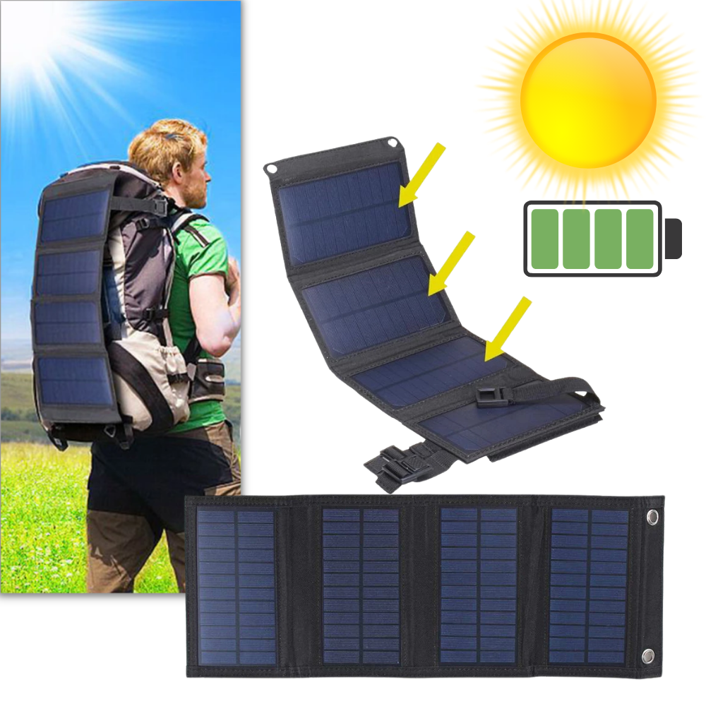 Carregador portátil com painel solar e porta USB da Mdhand, compacto e ideal para recarregar dispositivos ao ar livre.
