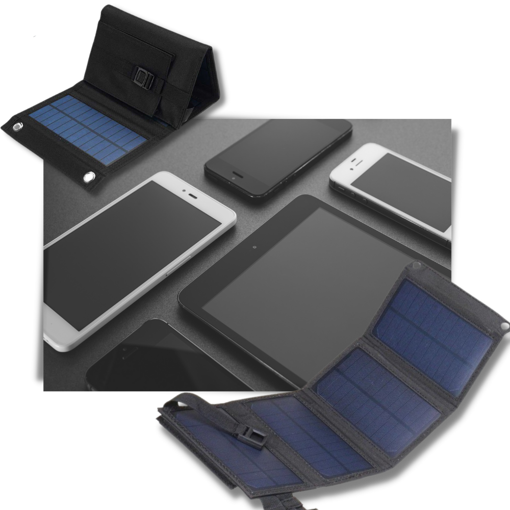 Carregador portátil com painel solar e porta USB da Mdhand, mostrando a tela e os painéis solares para recarga sustentável.