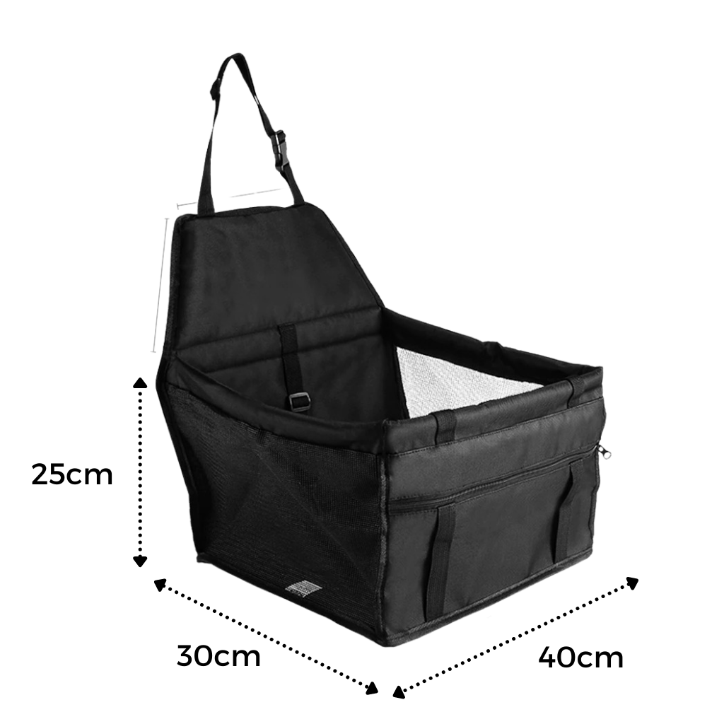 Assento ajustável para cães da marca Jandel, acessório para transporte de animais em veículos, com detalhes de dimensão.