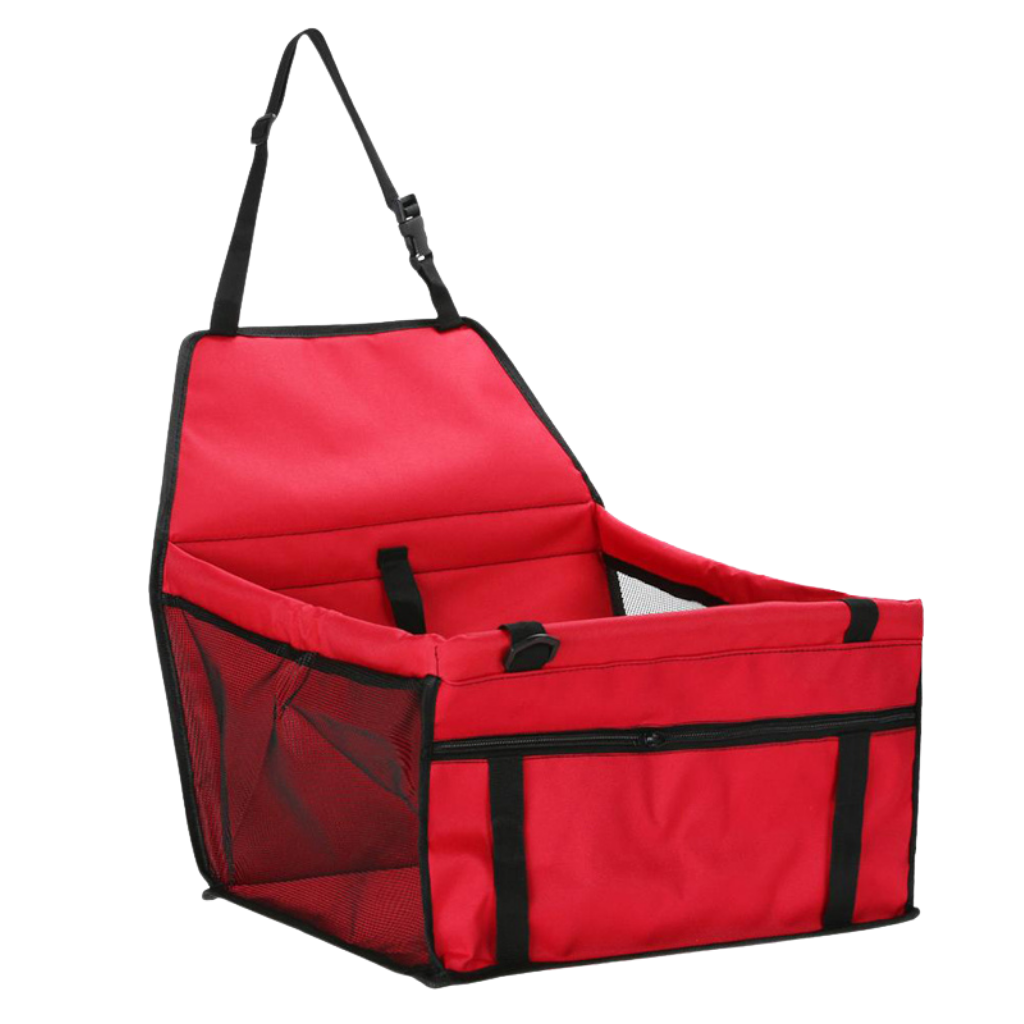 Assento ajustável para carro de cachorro Jandel, acessório para cães, com capa vermelha e suporte confortável para transporte seguro.