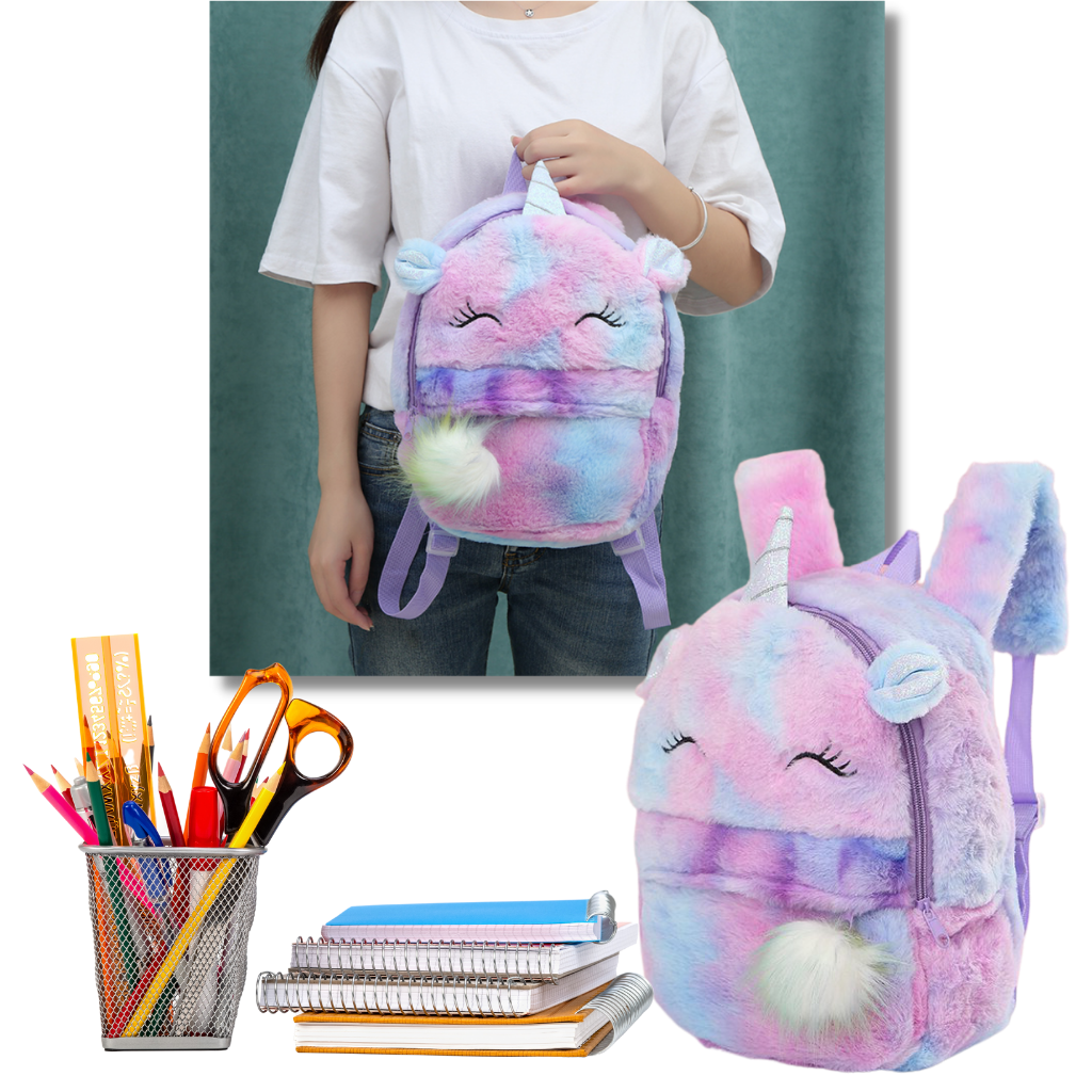 Mochila de pelúcia de unicórnio para meninas, sac à dos da marca Chamair, com design fofo e multicolorido.