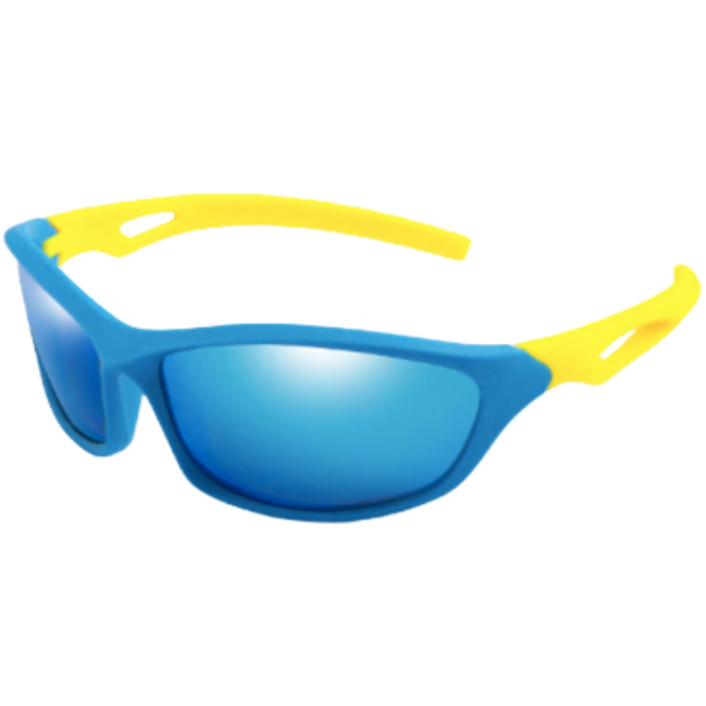 Óculos de sol esportivos polarizados para crianças Trust Optics com tira ajustável em azul e amarelo.