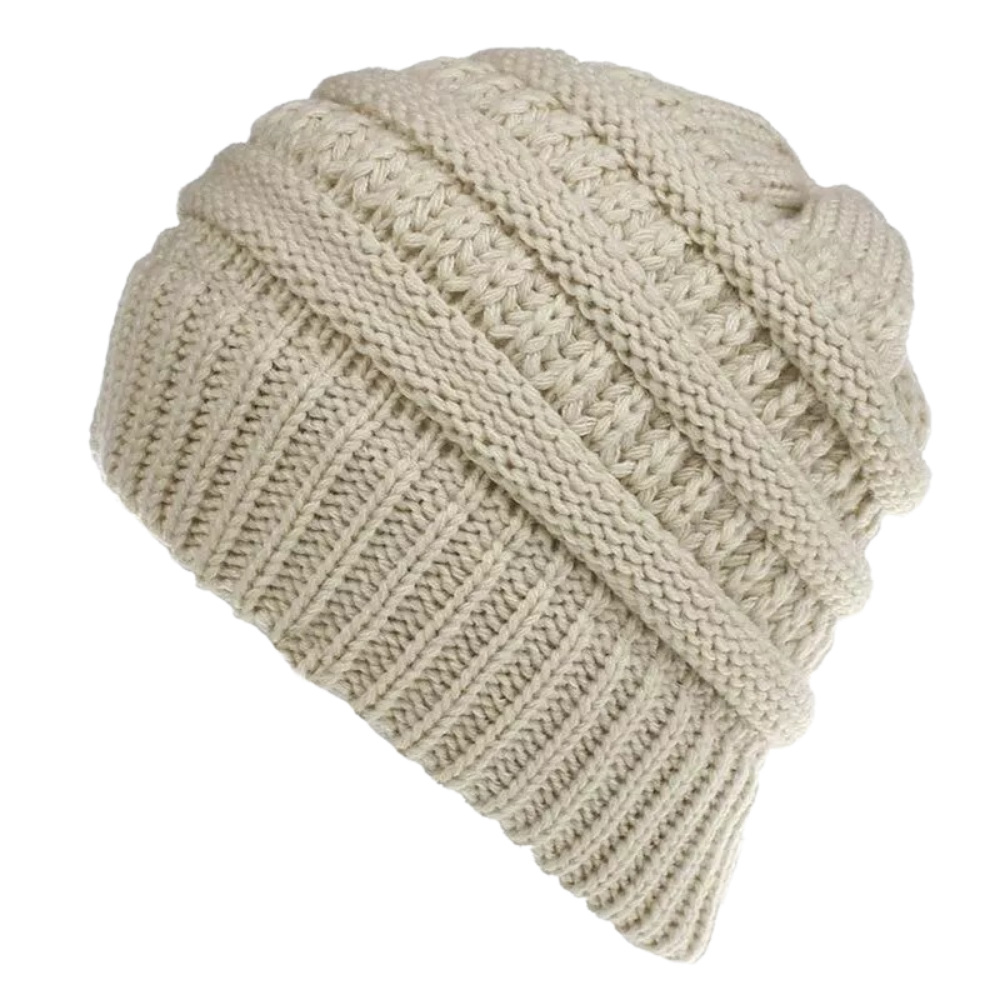 Chapéu beige com buraco para rabo de cavalo, estilo chapeu de inverno, ideal para prender o cabelo com elegância.