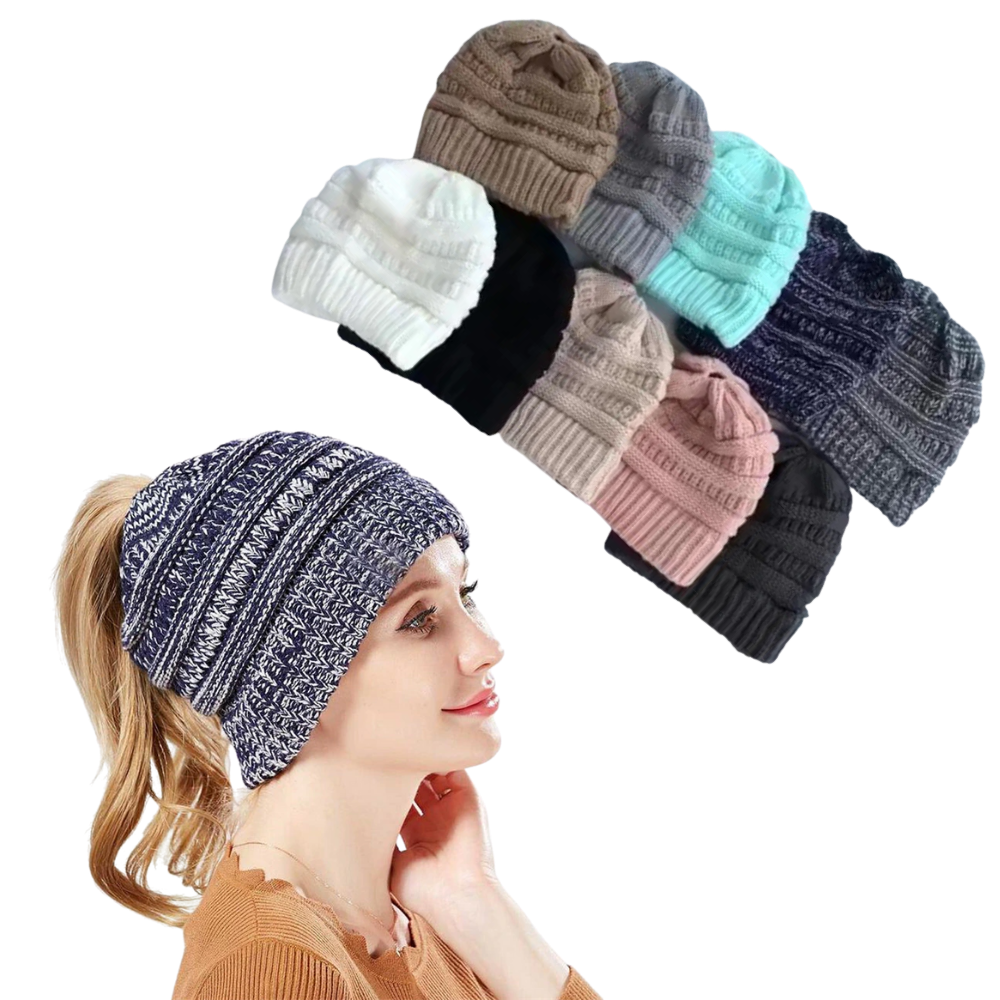 Chapéu de inverno Nyfashion101 com buraco para rabo de cavalo e coque, em várias cores, ideal para proteção e estilo.