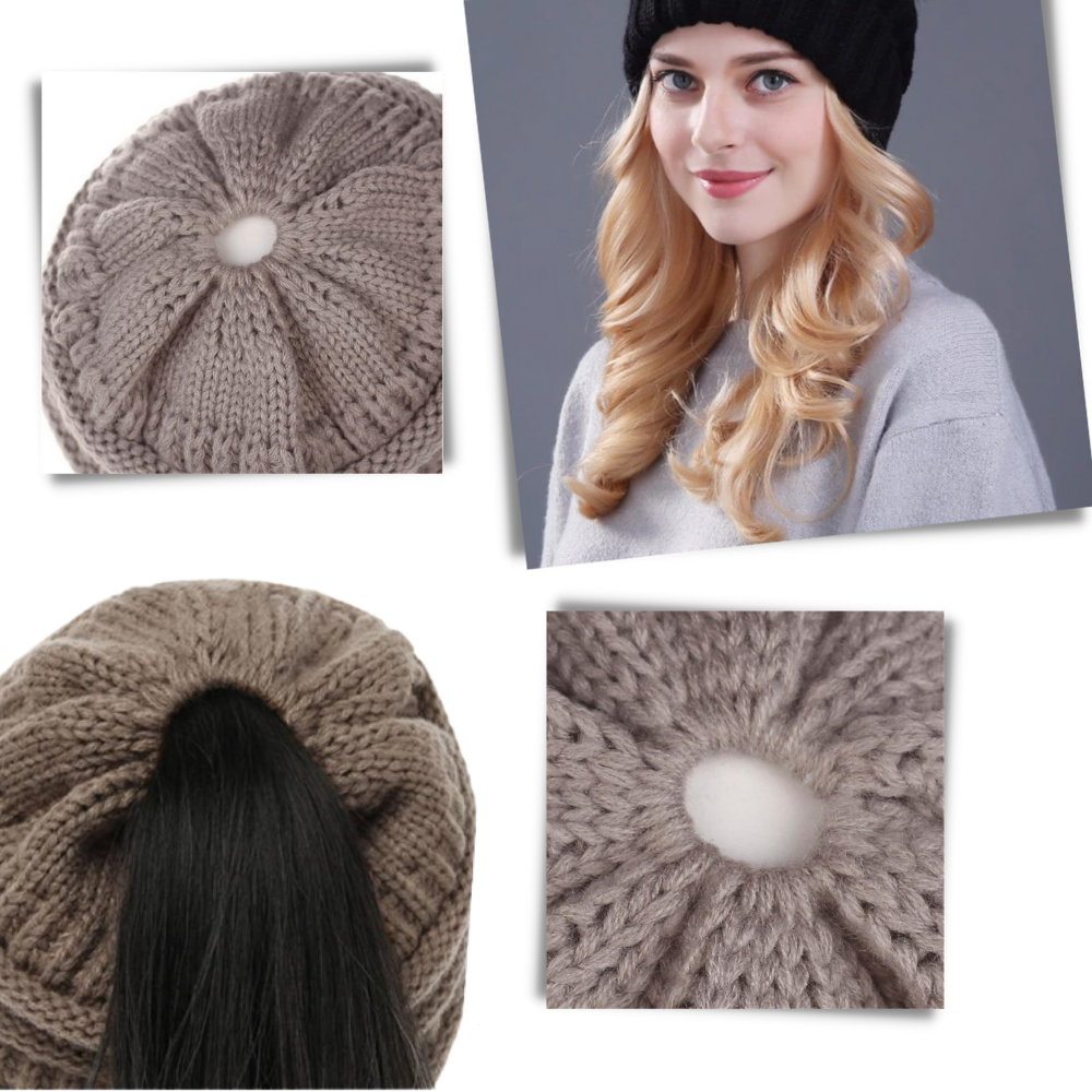 Chapéu de inverno com buraco para rabo de cavalo e coque, marca Nyfashion101, tecido quente e confortável.