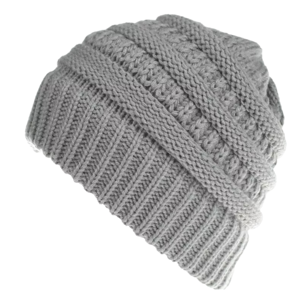 Chapéu de inverno em cinza claro com abertura para rabo de cavalo, estilo bonnet para laços e coques, marca Nyfashion101.
