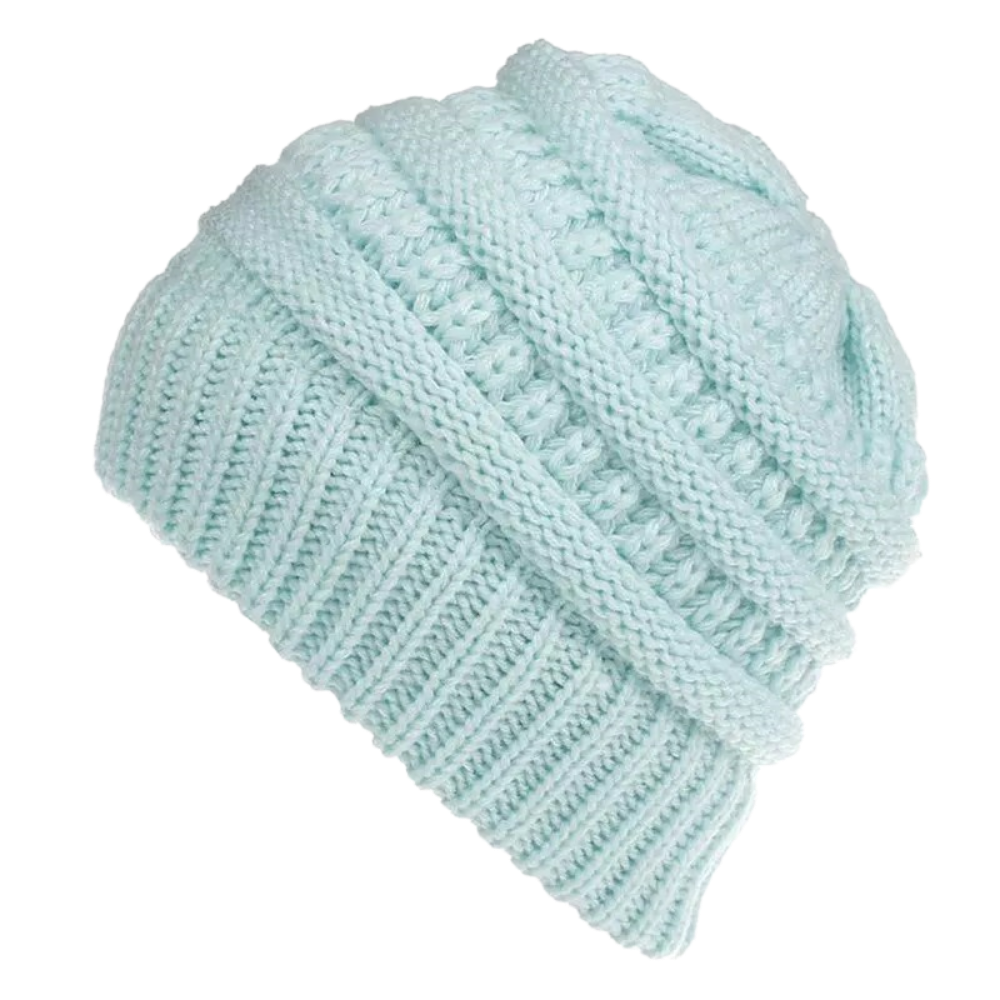Chapéu Nyfashion101 com abertura para rabo de cavalo, modelo inverno azul claro, ideal para prender cabelo em penteados.
