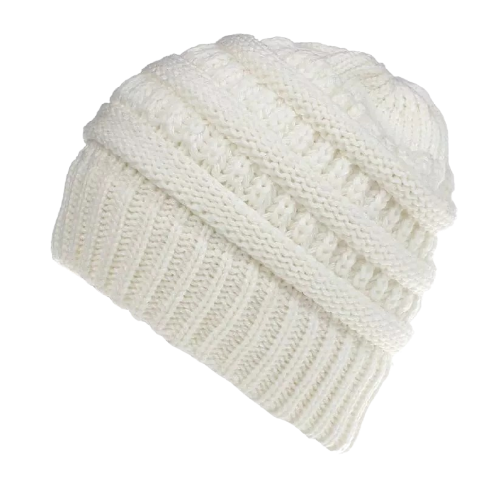 Chapéu branco Nyfashion101 com buraco para rabo de cavalo e coque, ideal para inverno, estilo confortável e prático.