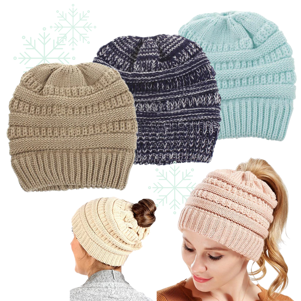Chapéu de inverno Nyfashion101 com buraco para rabo de cavalo, ideal para prender cabelo em penteados com touca quente.