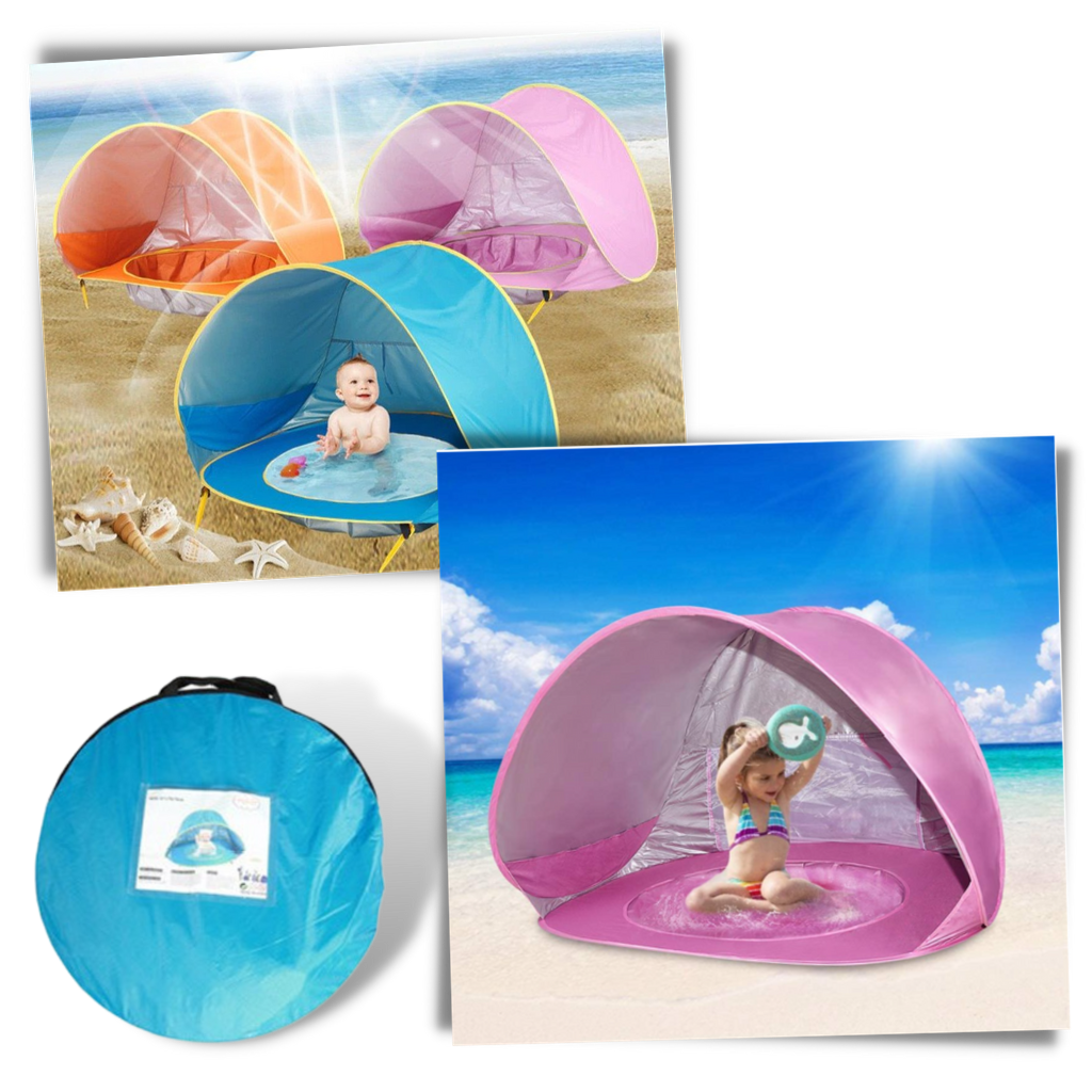 Tenda de praia portátil para bebê da Elbourn com mini-piscina, proteção UV 50 e resistência à água para camping e lazer ao ar livre.