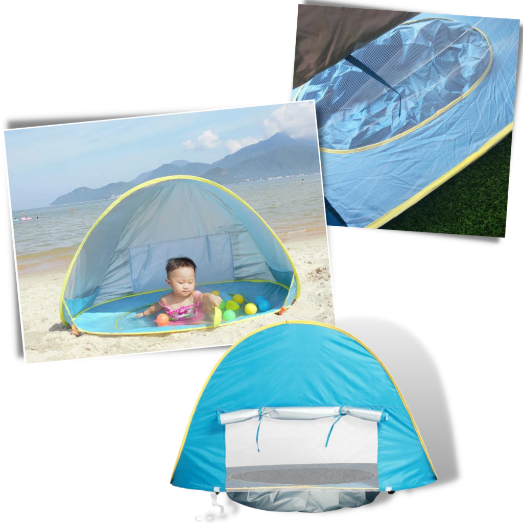 Tenda de praia portátil para bebê com mini piscina da Elbourn, ideal para camping e atividades ao ar livre com crianças.