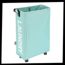Cesto de roupa portátil com rodas da Tradecan, produto de lavanderia com alça para fácil transporte.