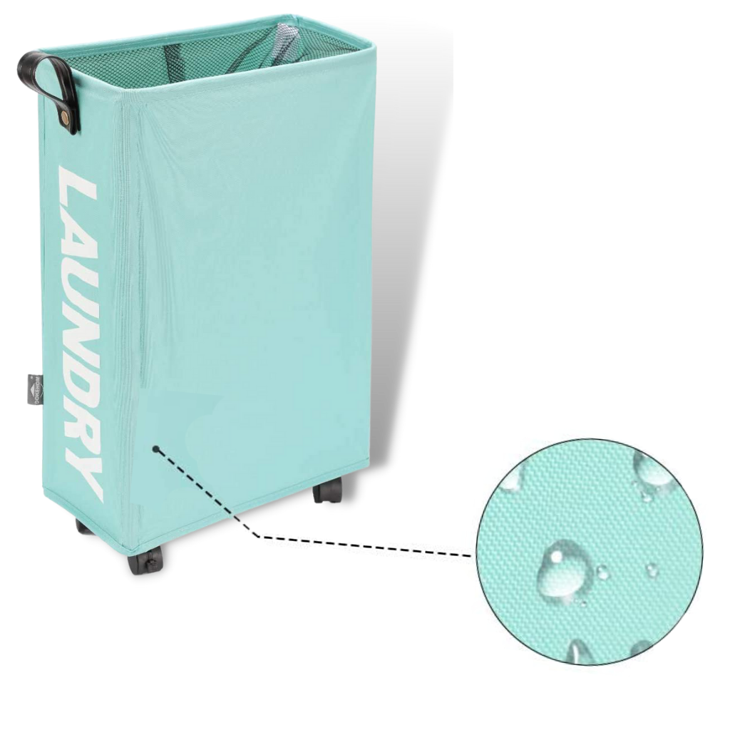Cesto de roupa portátil com rodas da Tradecan, resistente à água, ideal para armazenamento de roupas de lavanderia.