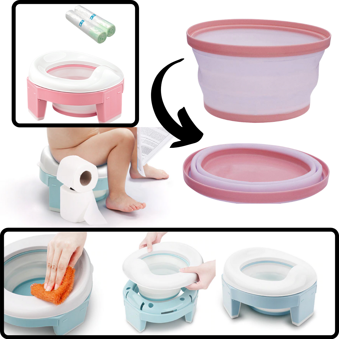Pote plástico dobrável 3 em 1 Baby Trend para crianças, fácil de limpar e ideal para aprendizagem de higiene infantil.