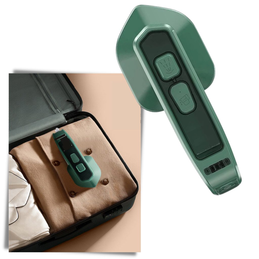 Mini fer a vapor portátil Wepro, acessório de lavanderia, exibido com tampa e controle de temperatura em uso.