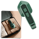 Mini fer a vapor portátil Wepro, acessório de lavanderia, exibido com tampa e controle de temperatura em uso.