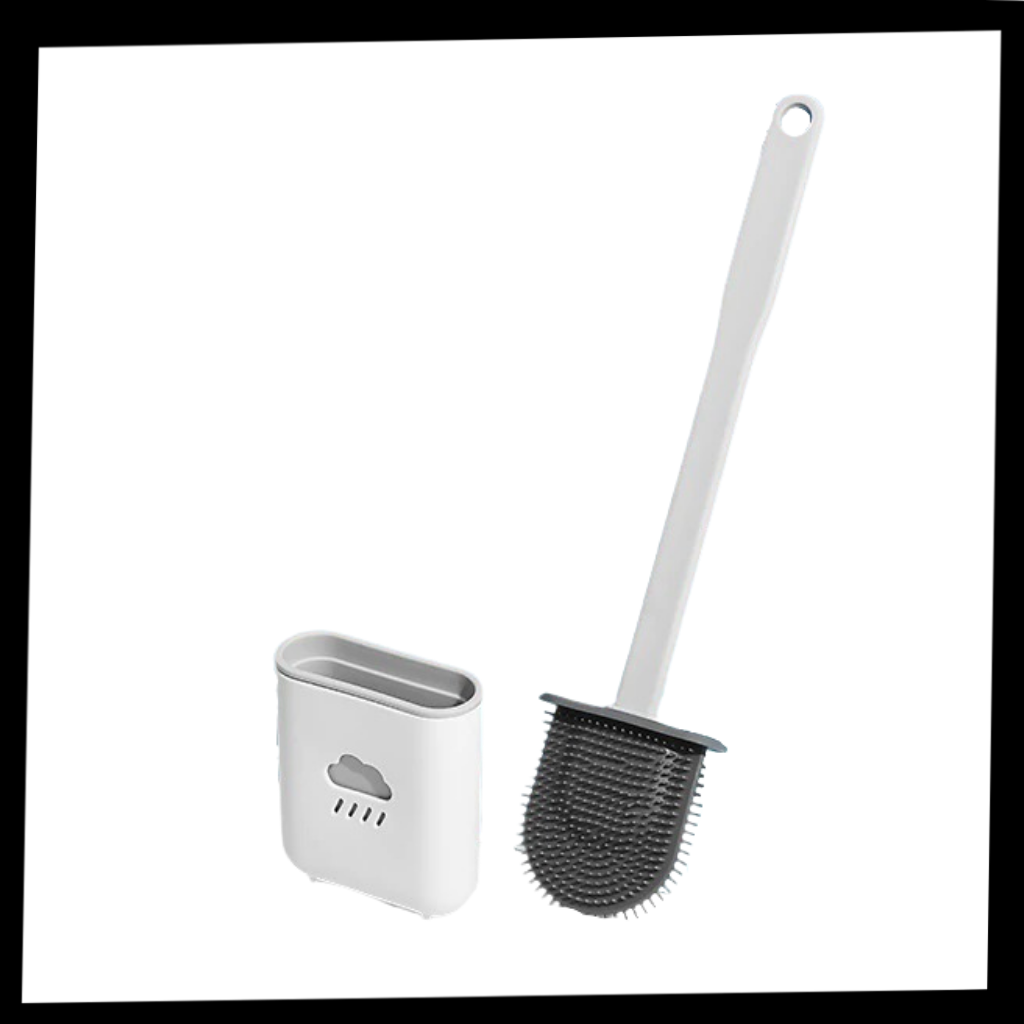 Escova de banheiro de silicone Dengmore com suporte protetor, limpa e protege a escova de forma higiênica.