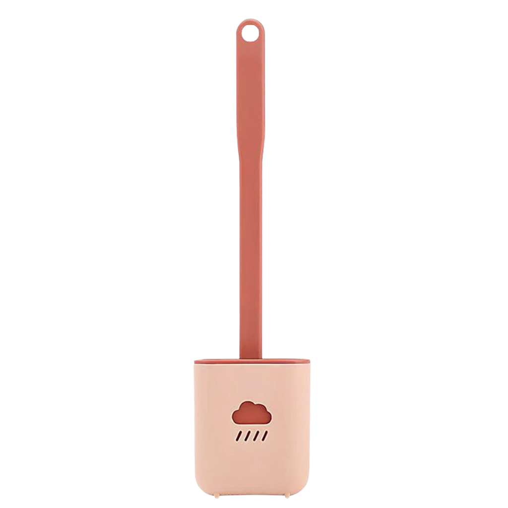 Escova de banheiro de silicone Dengmore na cor rosa, com suporte protetor, ideal para higiene e limpeza do banheiro.