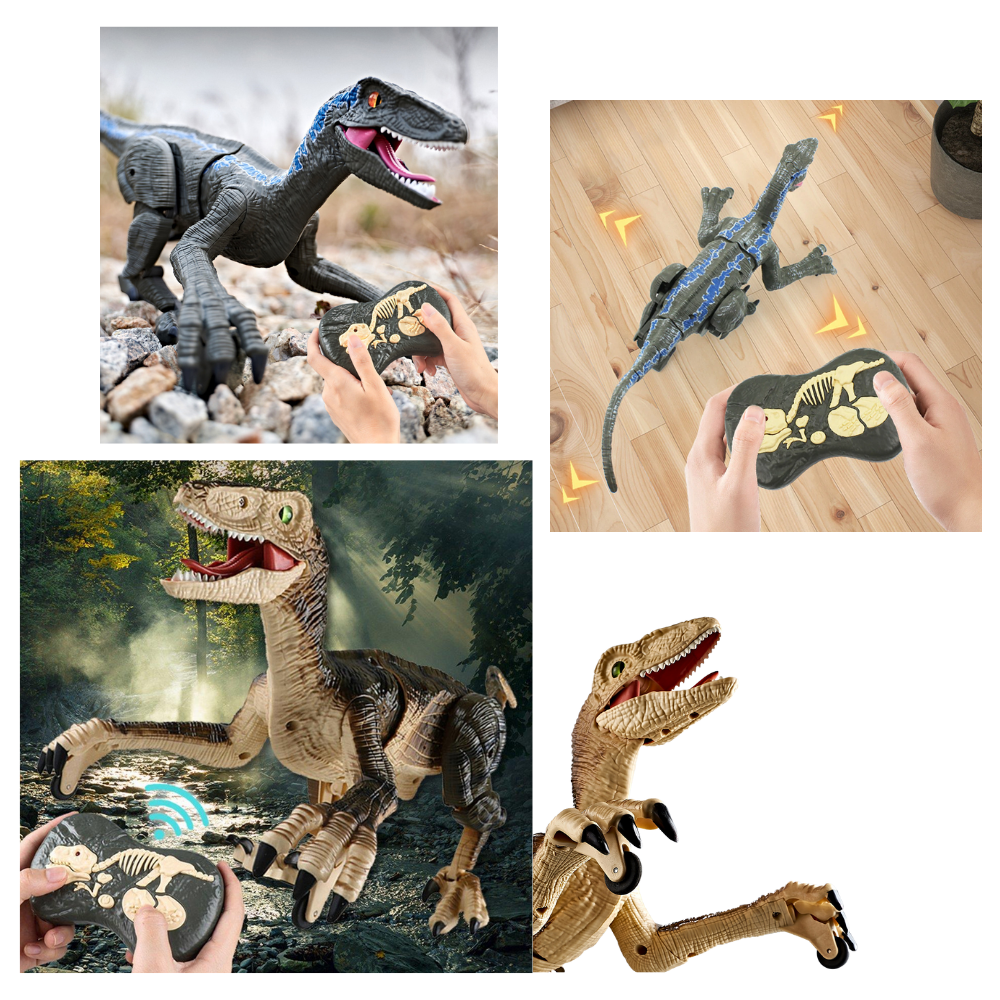 Dinossauro de brinquedo controlado por rádio, acessório para veículos radiocommandados, marca Banggood, mostra detalhes coloridos e realistas.