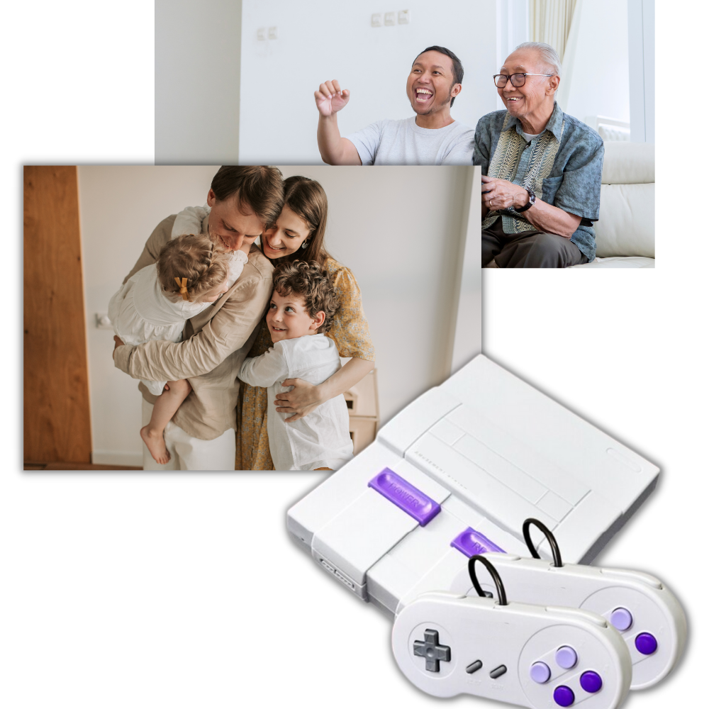 Console de jogos retro Vito, mini console de videogame com design clássico, exibindo tela com jogos familiares.