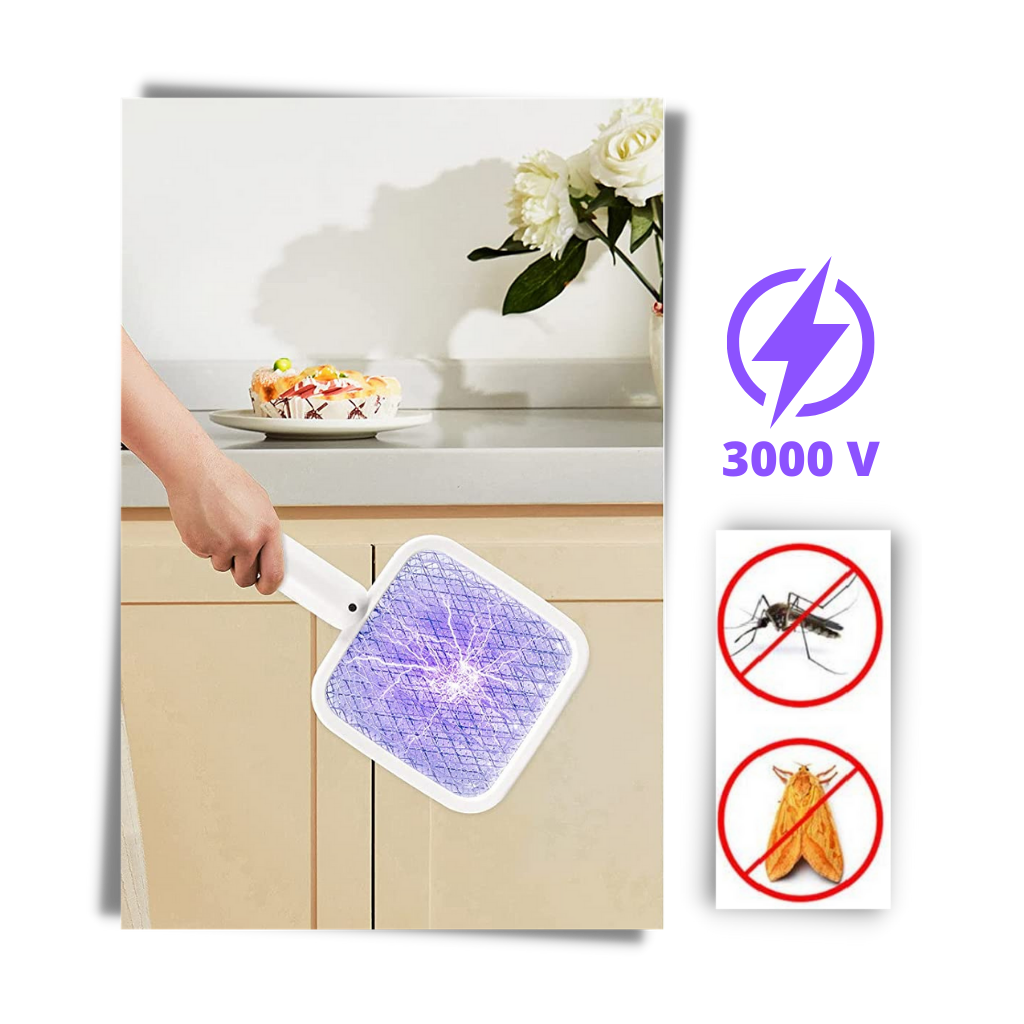 Raquete elétrica anti-mosquito recarregável Smileol para desinsetização, com lâmpada LED eficiente na eliminação de mosquitos.
