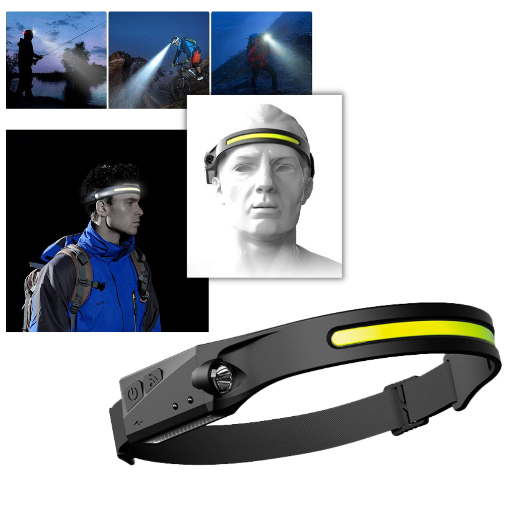 Lanterna frontal recarregável LED Jinyi, luz potente, ajustável, ideal para atividades ao ar livre e trabalhos noturnos.