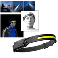Lanterna frontal recarregável LED Jinyi, luz potente, ajustável, ideal para atividades ao ar livre e trabalhos noturnos.