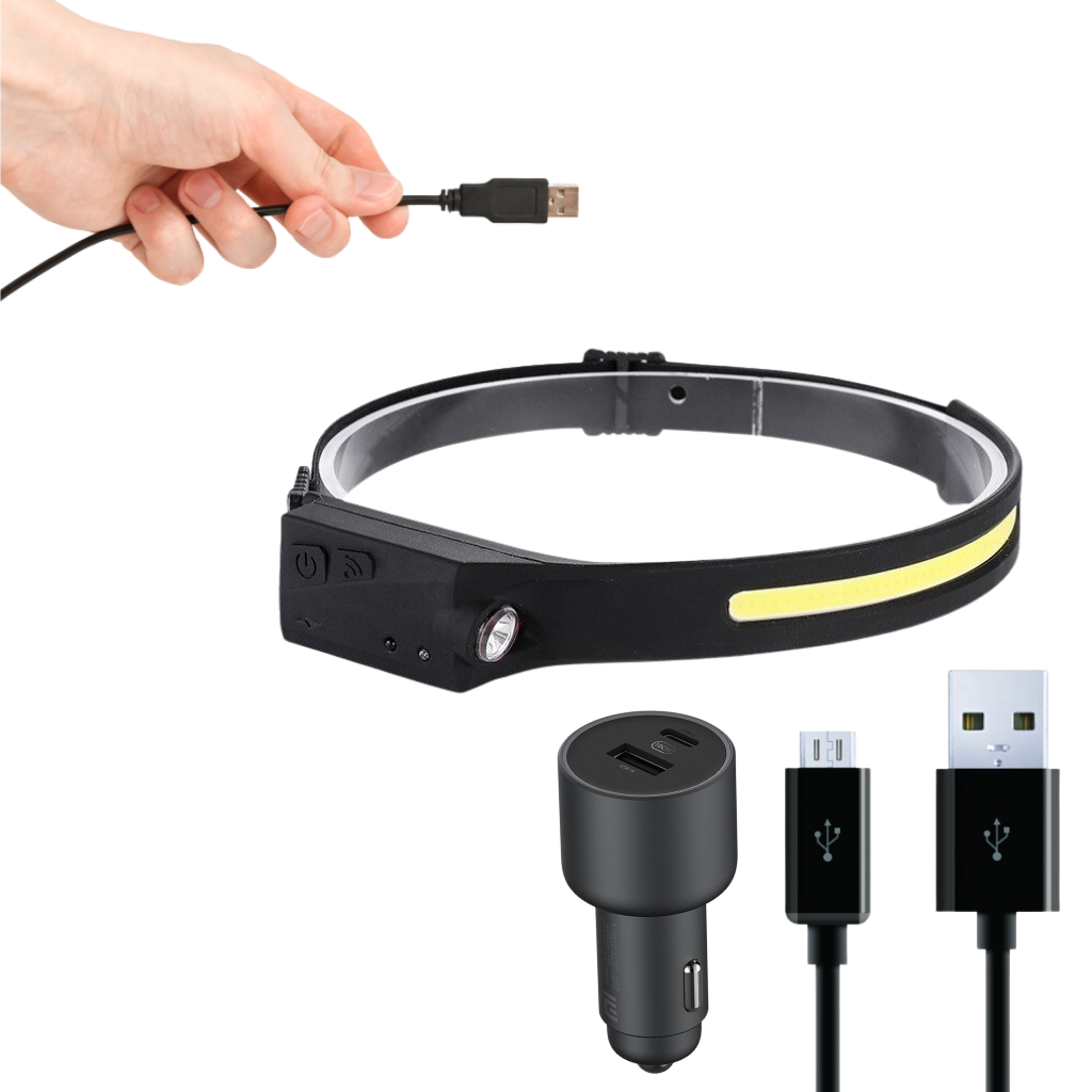 Lanterna frontal LED recarregável Jinyi, com fita ajustável e luz brilhante para atividades ao ar livre.