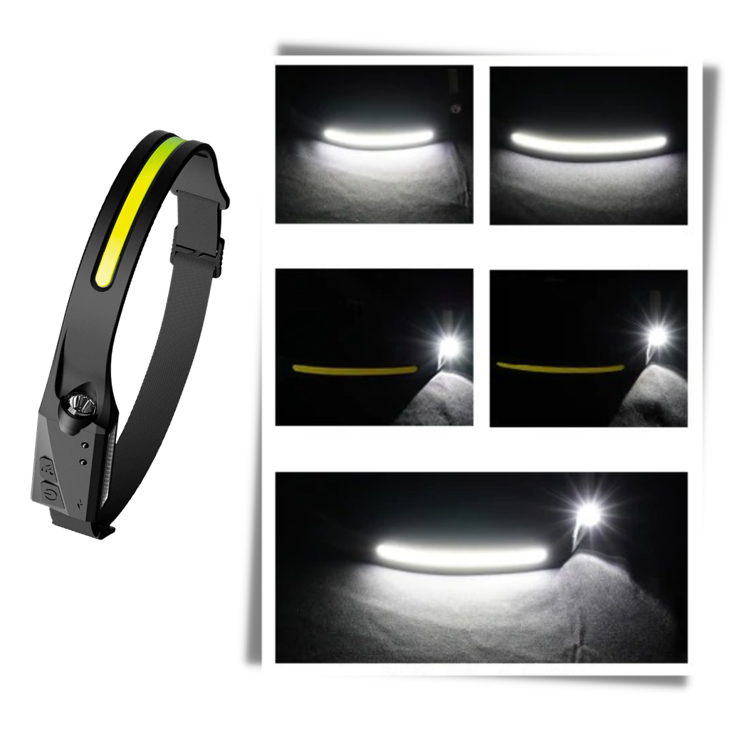 Lâmpada frontal LED recarregável Jinyi com ajustes de brilho, ideal para atividades ao ar livre e trabalhos noturnos.