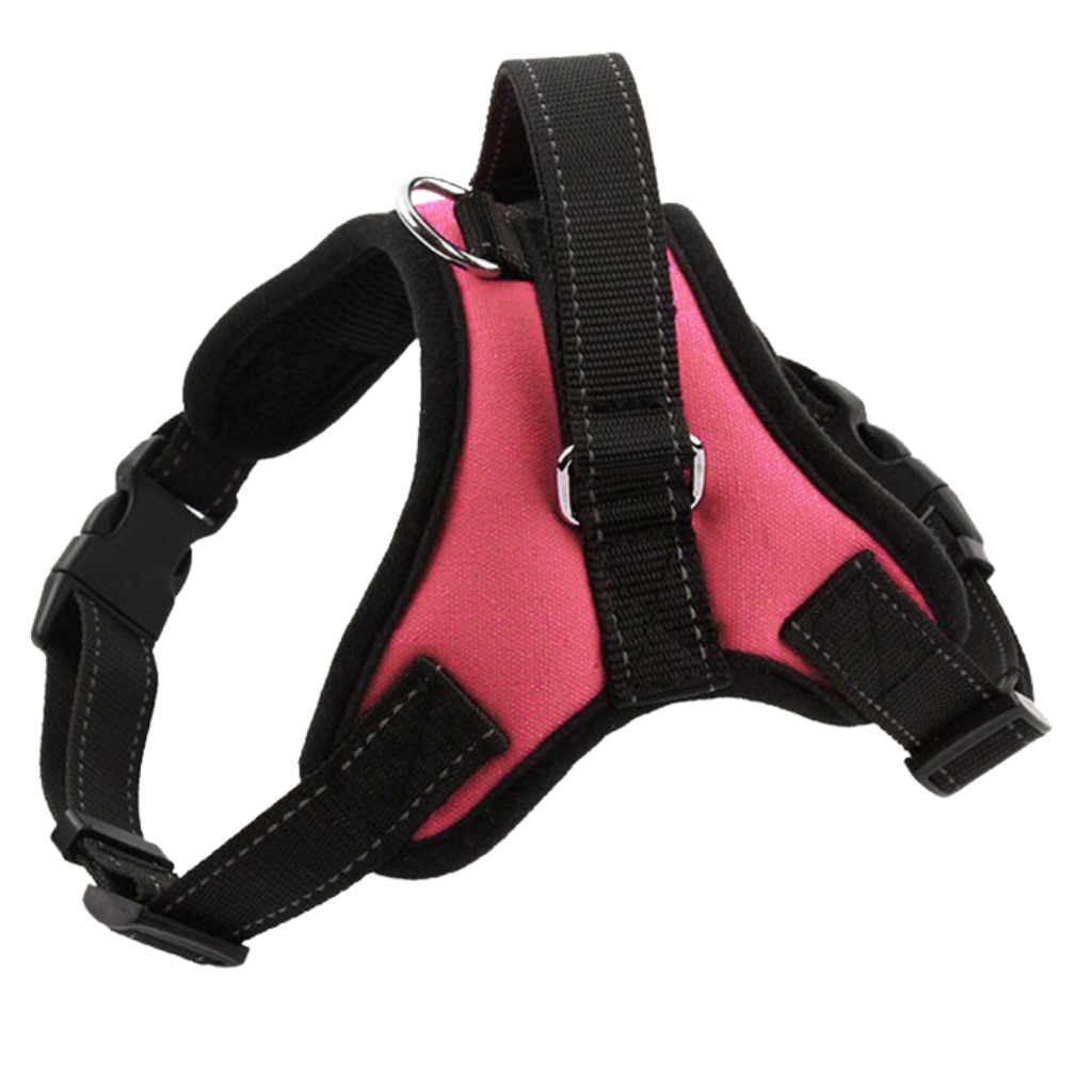 Arnés ajustável para cachorro da Magicfly com faixa refletiva rosa, confortável e seguro para passeios ao ar livre.