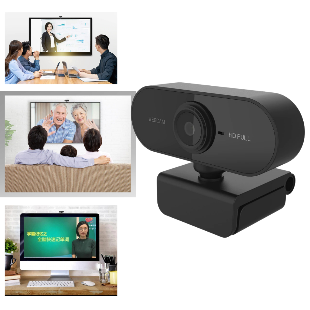 Webcam USB HD 1080p da Dp-Iot com microfone e lente rotativa, ideal para videoconferências e streaming.