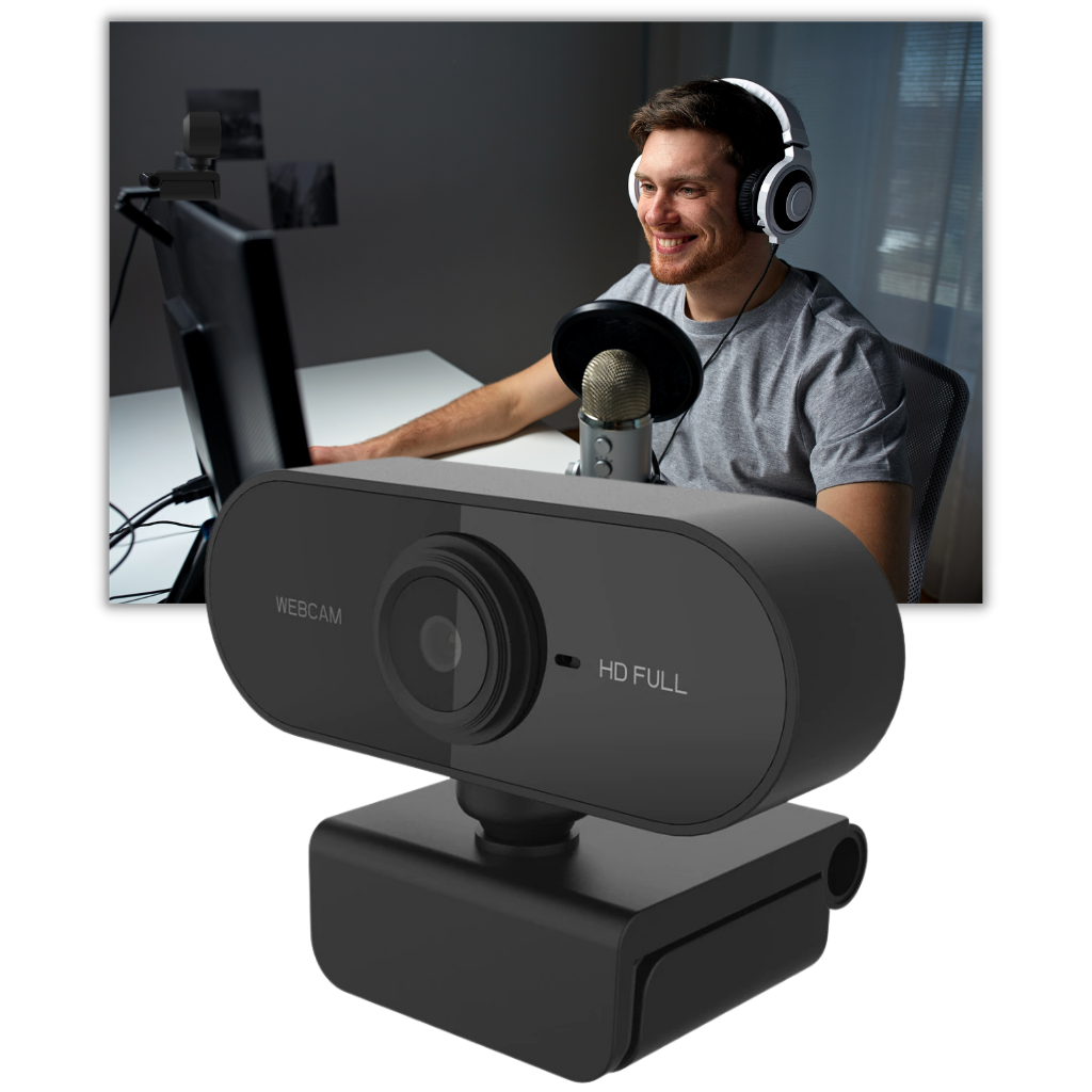 Webcam USB HD 1080p rotativa com microfone da Dp-Iot, ideal para transmissões ao vivo com vídeo nítido e som claro.