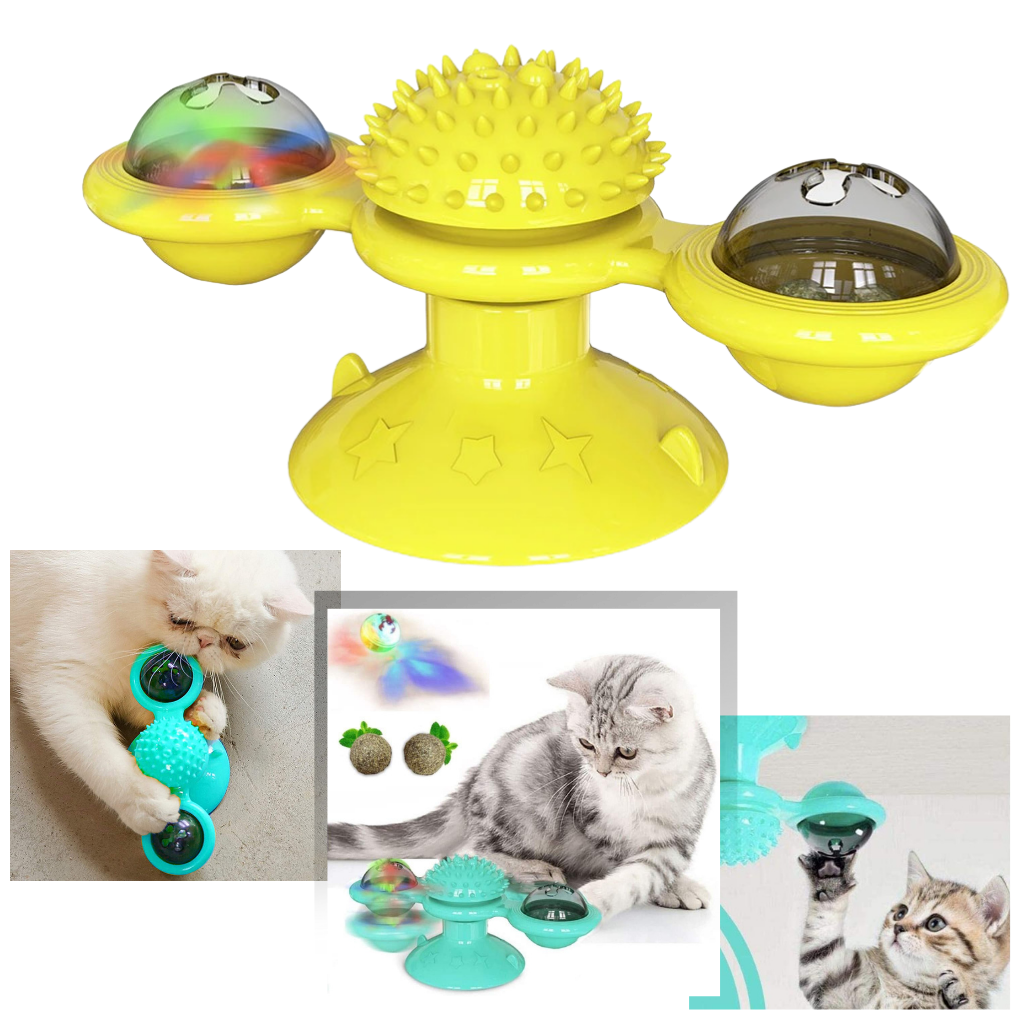 Brinquedo para gato Jandel com moinho de vento rotativo e escova para diversão e higiene do felino.