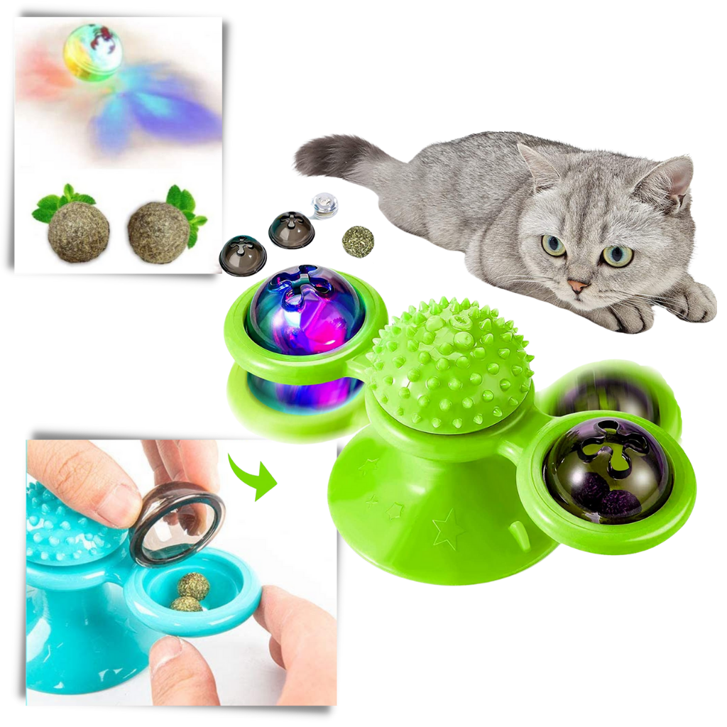 Brinquedo para gato Jandel com moinho de vento rotativo e escova, acessório de brinquedo para entretenimento e higiene do pet.