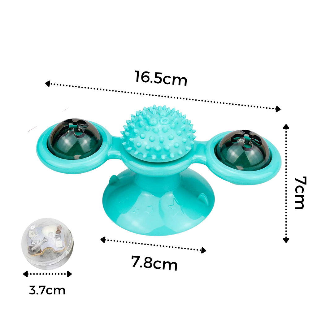 Brinquedo para gato Jandel com moinho de vento rotativo e escova para diversão e higiene do felino.