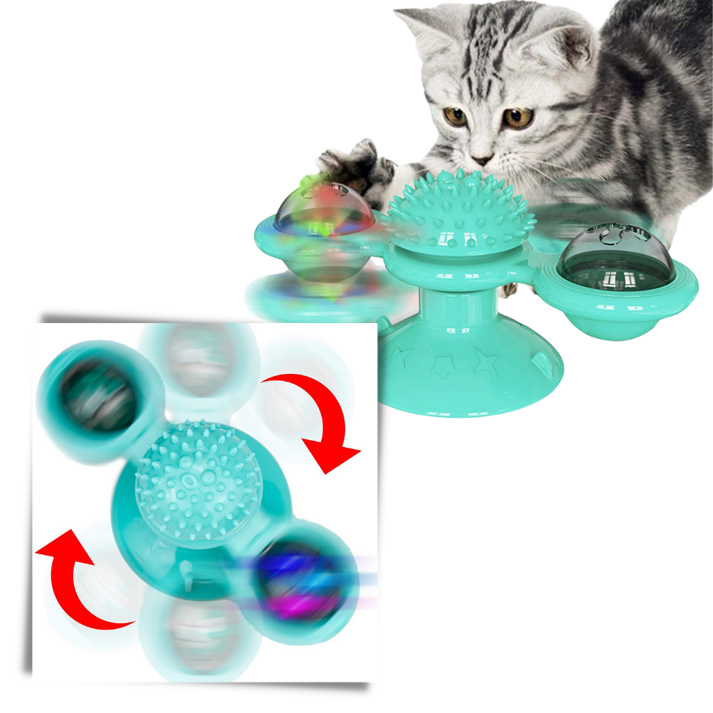 Brinquedo para gato Jandel com moinho de vento rotativo e escova para entretenimento e higiene do felino.