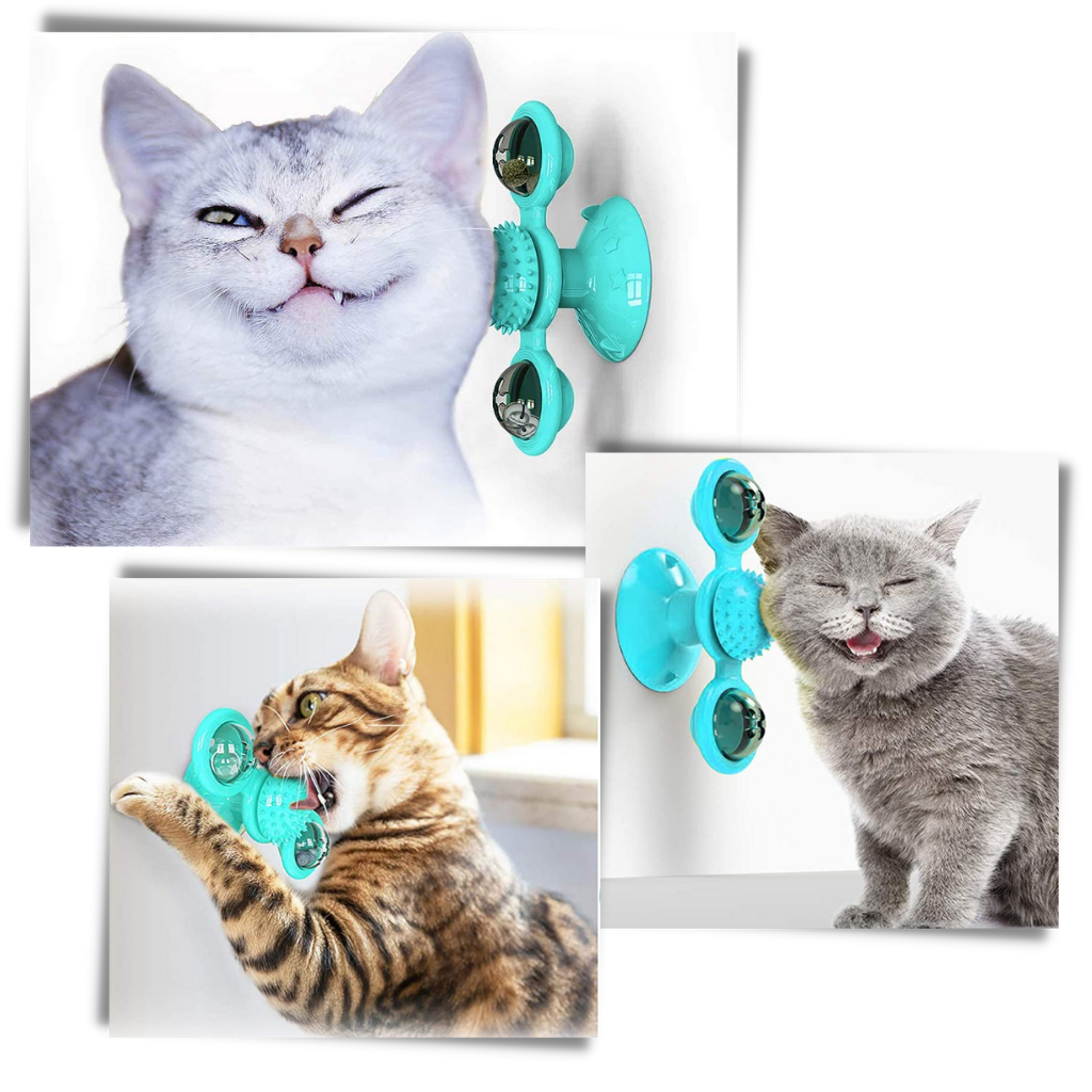 Brinquedo para gato Jandel com moinho de vento rotativo e escova para autoescovação e diversão do felino.