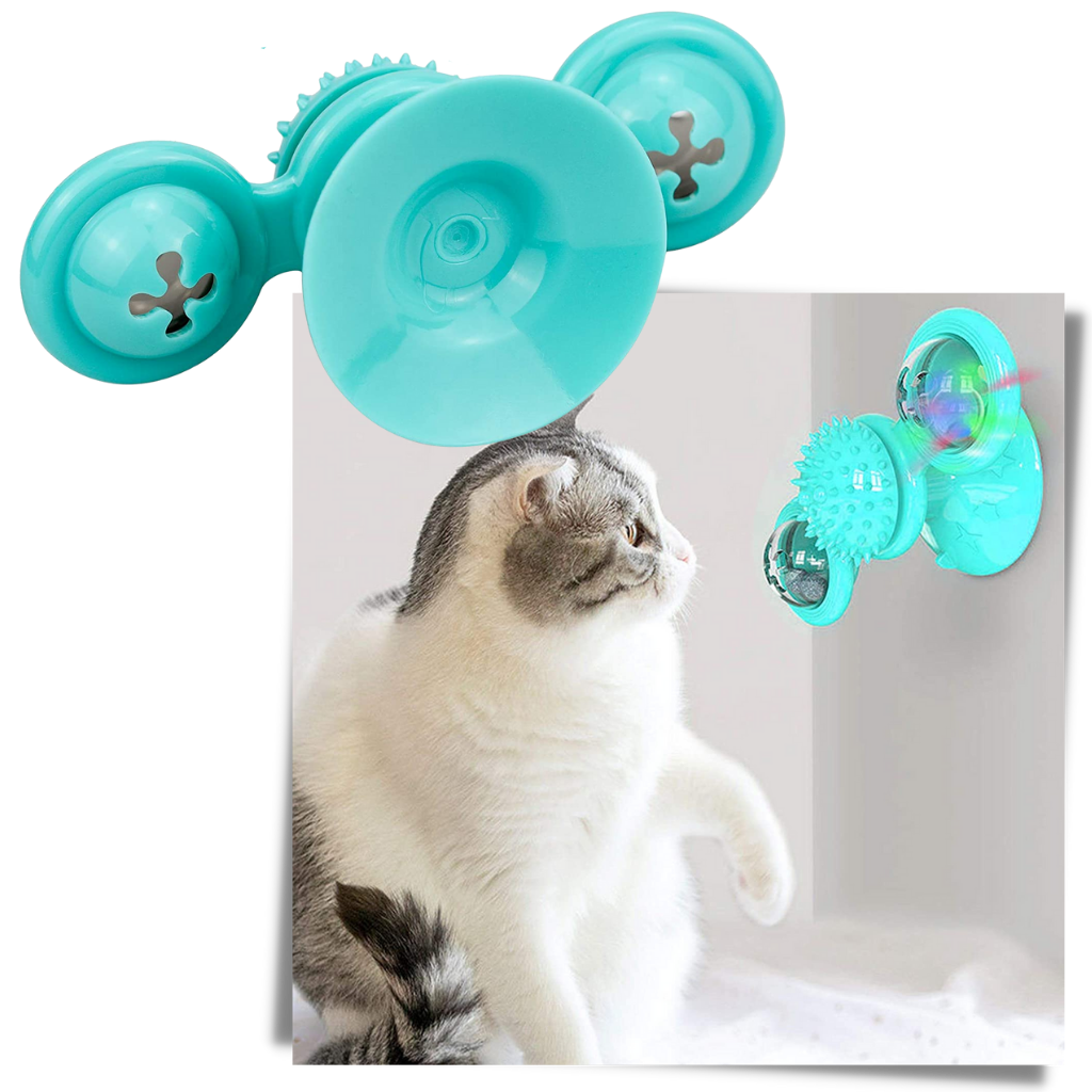 Brinquedo para gato Jandel com moinho de vento rotativo e escova, com ventosa para fixar em superfícies e estimular o gato.
