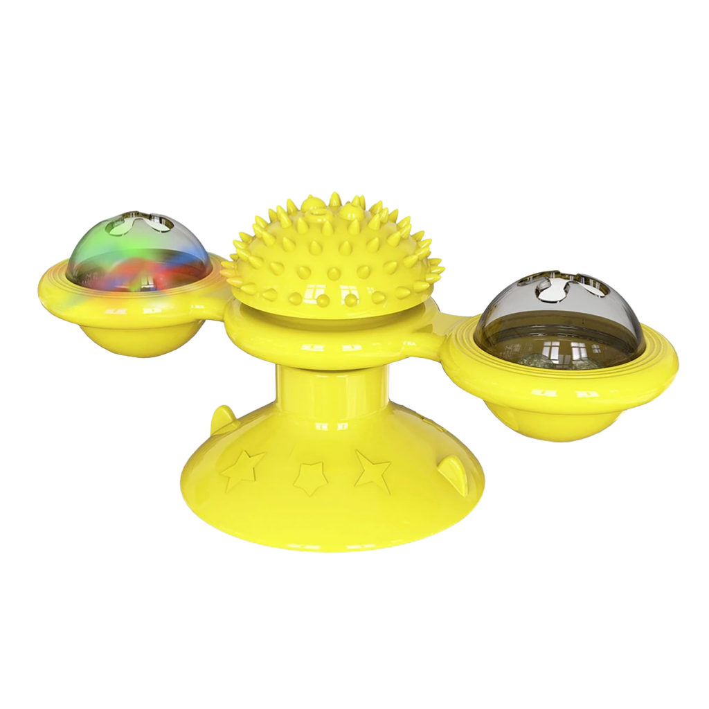 Brinquedo para gato Jandel com moinho de vento rotativo e escova, diversão e estímulo para pets em cores amarelas.