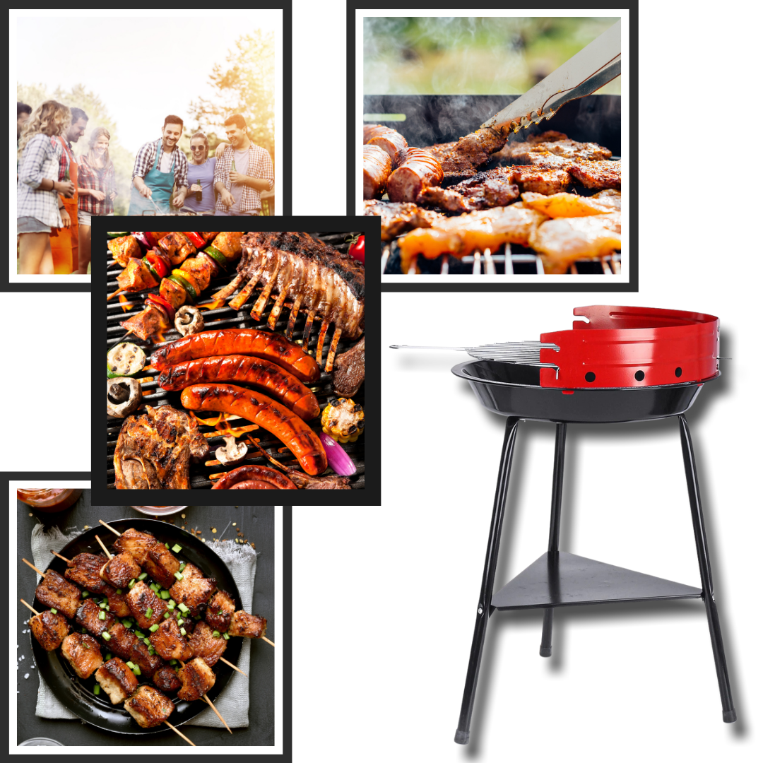 Churrasqueira portátil redonda de carvão vegetal da Onlinegymshop, ideal para churrascos ao ar livre.